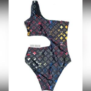 Designer Look One-Shoulder Black Multicolor Swimsuit Size S
